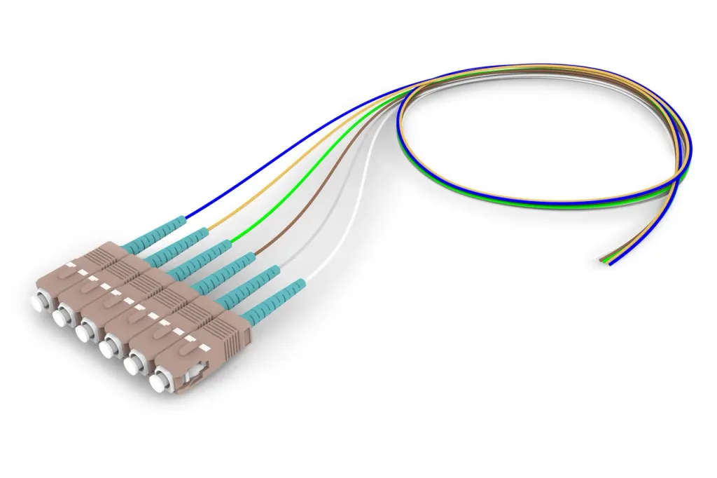 OM4 SC/UPC to Unconnectorized, Fiber Pigtail, 0.9 mm Tight Buffer, 6-Fiber Kit Blue - White (1-6)