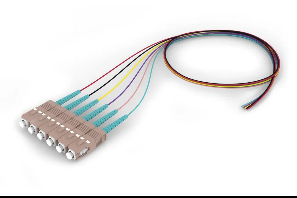 OM4 SC/UPC to Unconnectorized, Fiber Pigtail, 0.9 mm Tight Buffer, 6-Fiber Kit Red - Aqua (7-12)