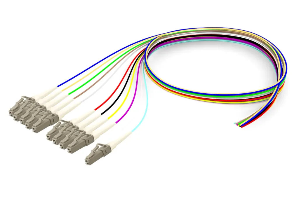 Ultra Low Loss (ULL) LazrSPEED 550 WideBand LC/UPC to Unconnectorized, Fiber Pigtail, 0.9 mm Tight Buffer, 12-fiber Kit, Blue - Aqua (1-12)