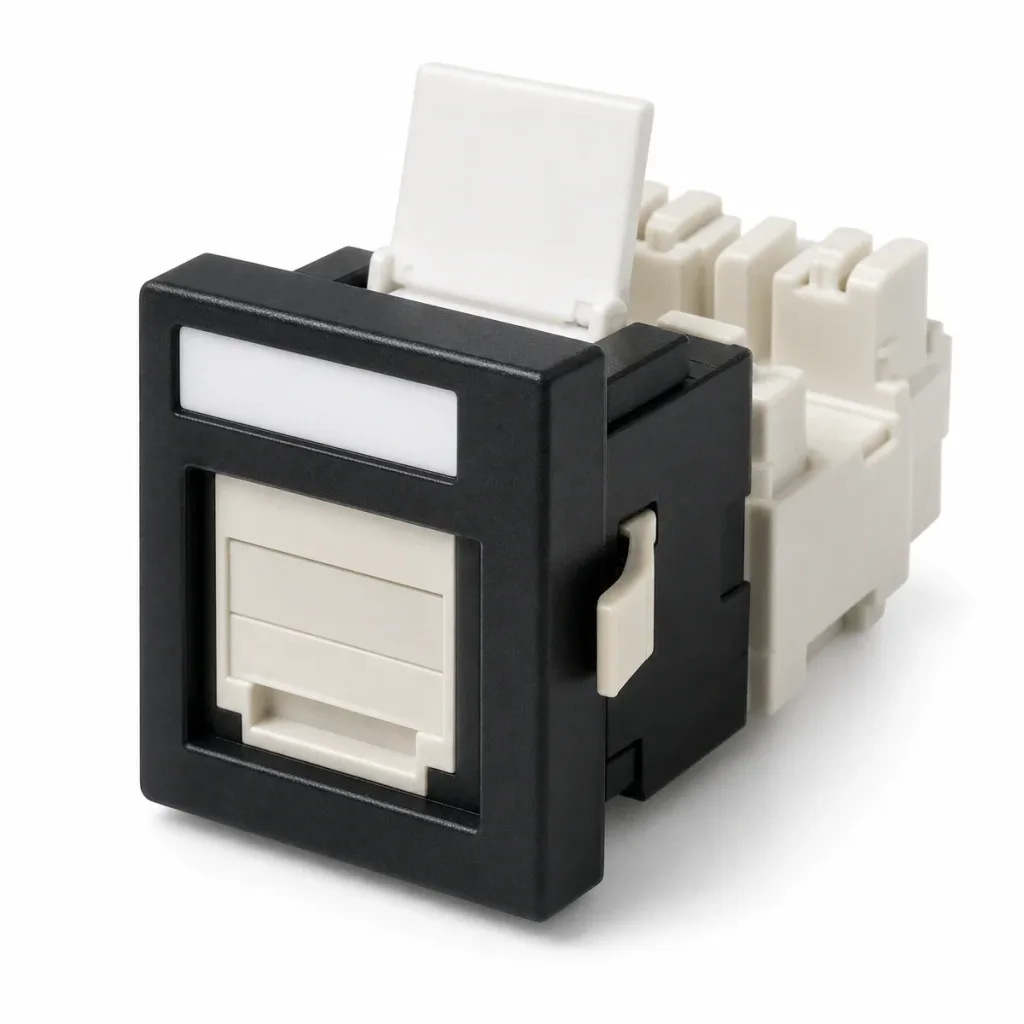 SX-Series Modular Jack, RJ45, JIS Faceplate, Cat6 Unshielded, with Shutter, Black
