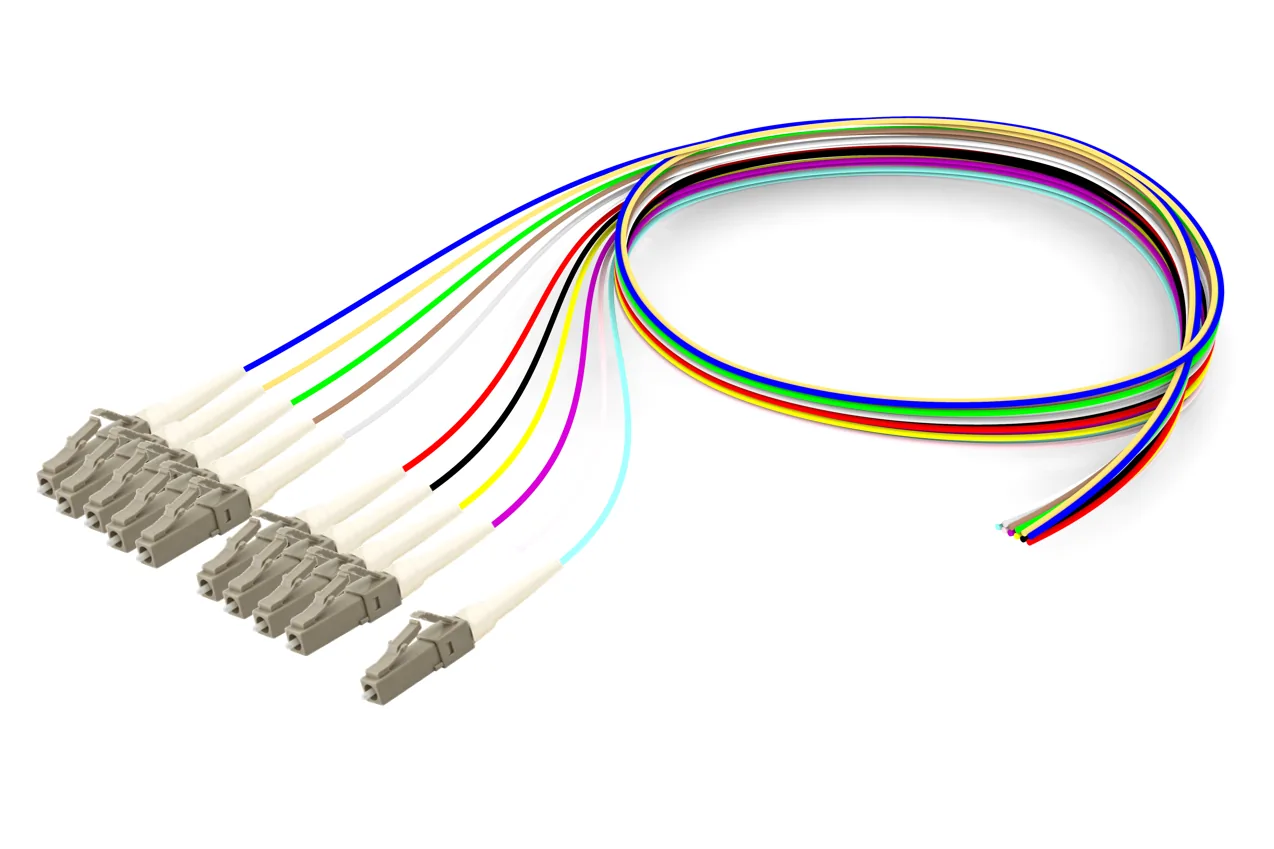 Ultra Low Loss (ULL) LazrSPEED 550 WideBand LC/UPC to Unconnectorized, Fiber Pigtail, 0.9 mm Tight Buffer, 12-fiber Kit, Blue - Aqua (1-12), a Ultra low loss fibre cords part supplied by Data Systems